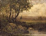 landscape, riverbank, three cows